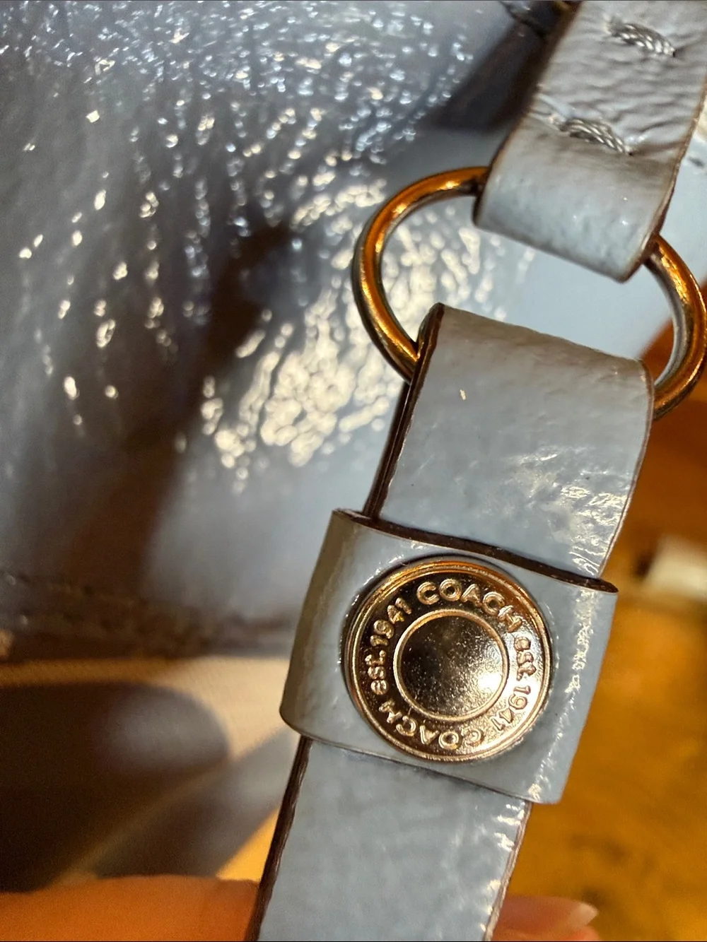 Coach F18335 Laura Op Art Tote Blue Patent Leather Signature EUC Large